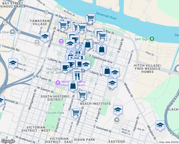 map of restaurants, bars, coffee shops, grocery stores, and more near 311 Lincoln Street in Savannah