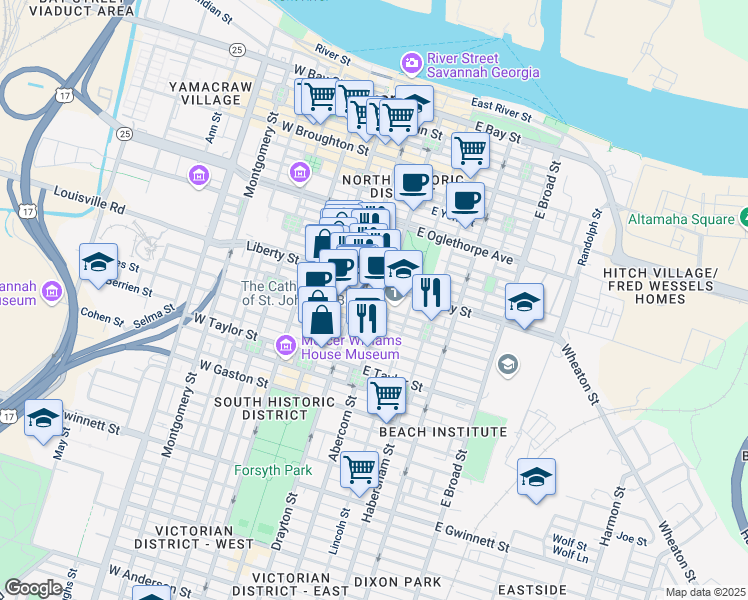 map of restaurants, bars, coffee shops, grocery stores, and more near in Savannah