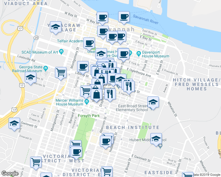 map of restaurants, bars, coffee shops, grocery stores, and more near in Savannah