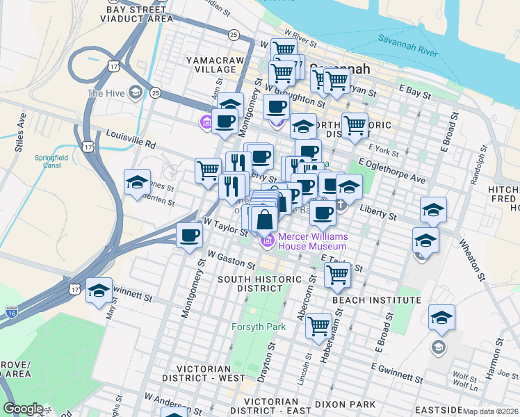 map of restaurants, bars, coffee shops, grocery stores, and more near in Savannah