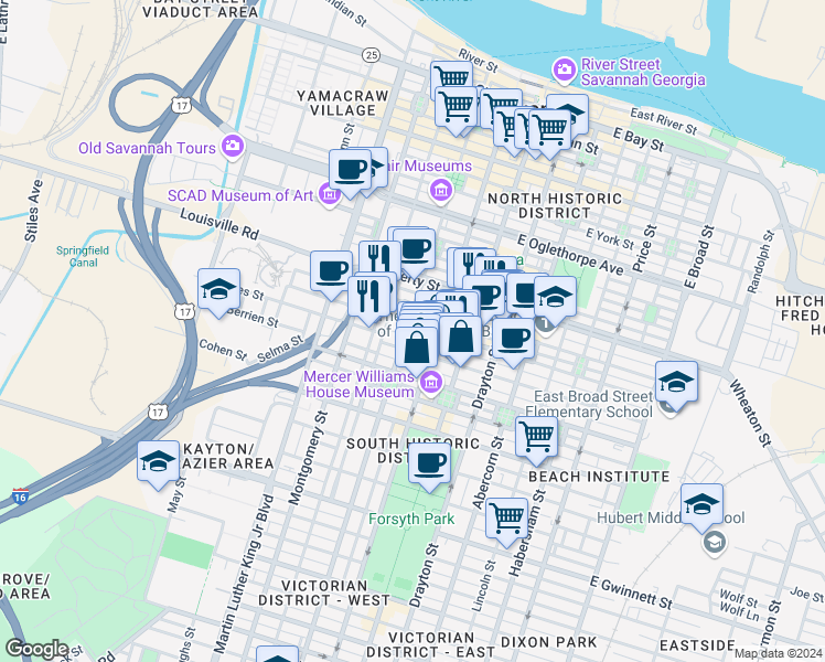 map of restaurants, bars, coffee shops, grocery stores, and more near in Savannah