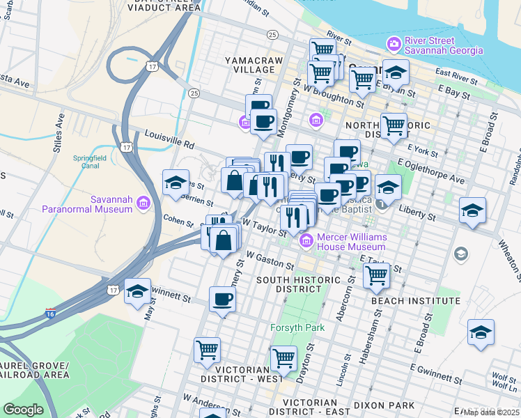 map of restaurants, bars, coffee shops, grocery stores, and more near 423 Montgomery Street in Savannah