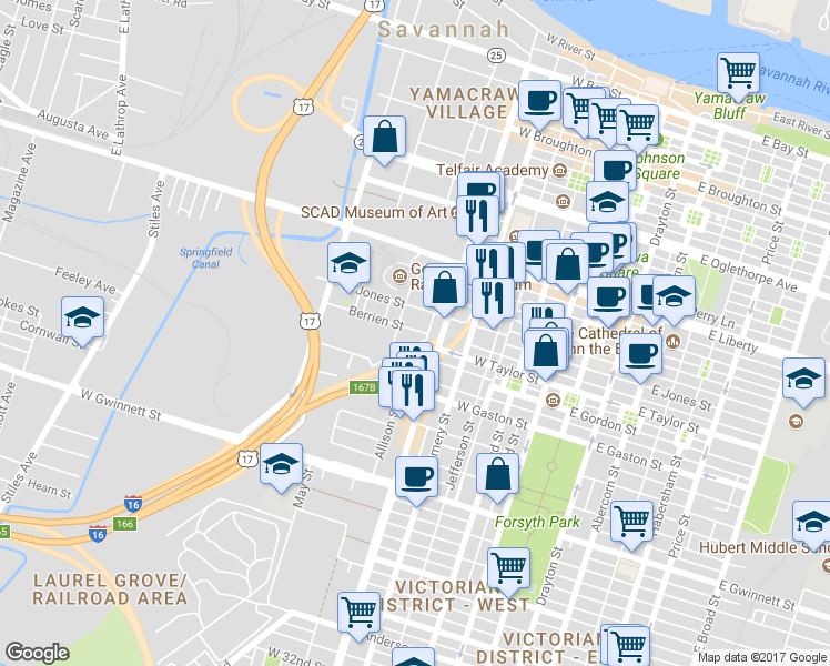 map of restaurants, bars, coffee shops, grocery stores, and more near in Savannah