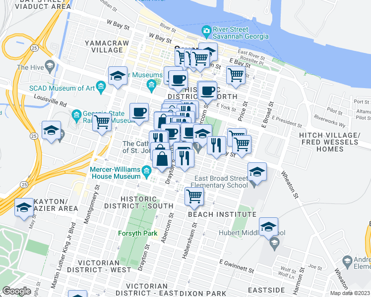 map of restaurants, bars, coffee shops, grocery stores, and more near in Savannah