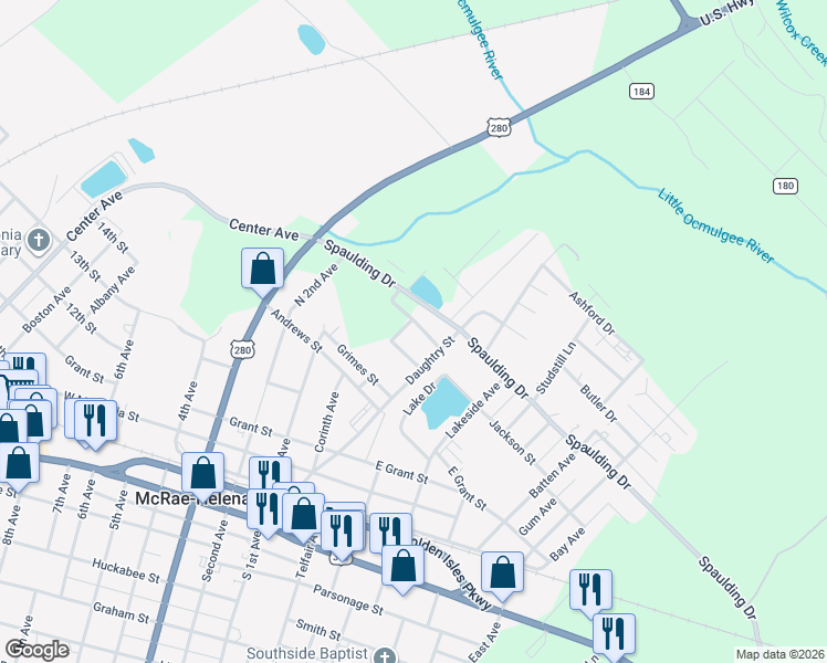 map of restaurants, bars, coffee shops, grocery stores, and more near 12 Austin Avenue in McRae-Helena