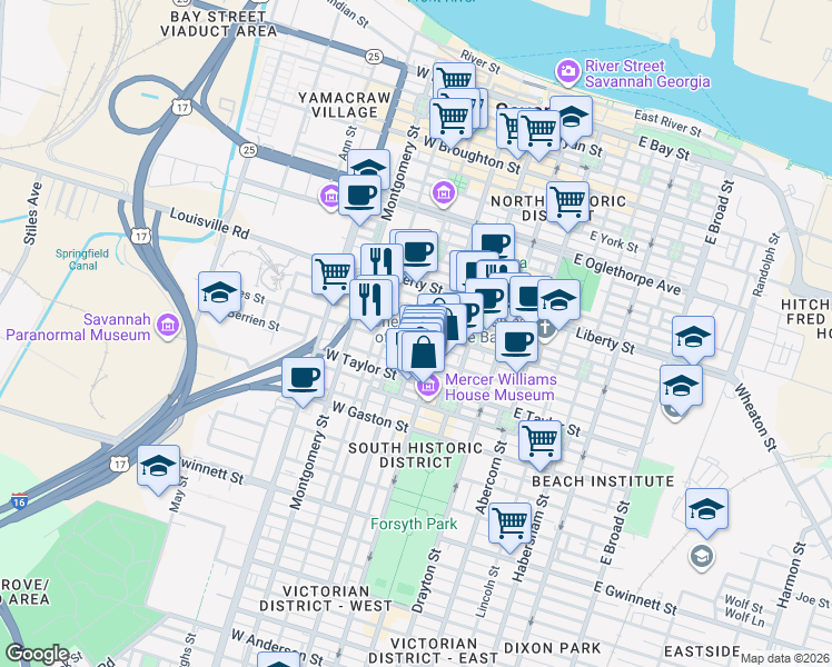 map of restaurants, bars, coffee shops, grocery stores, and more near 123 West Charlton Street in Savannah