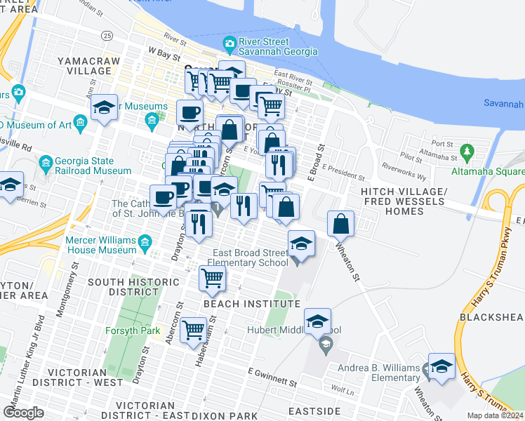 map of restaurants, bars, coffee shops, grocery stores, and more near 424 East Liberty in Savannah