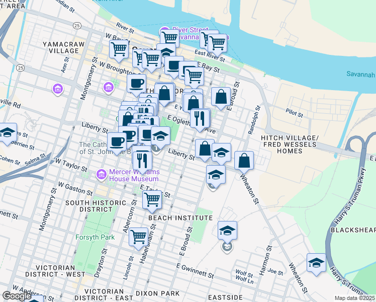 map of restaurants, bars, coffee shops, grocery stores, and more near 424 East Liberty Street in Savannah