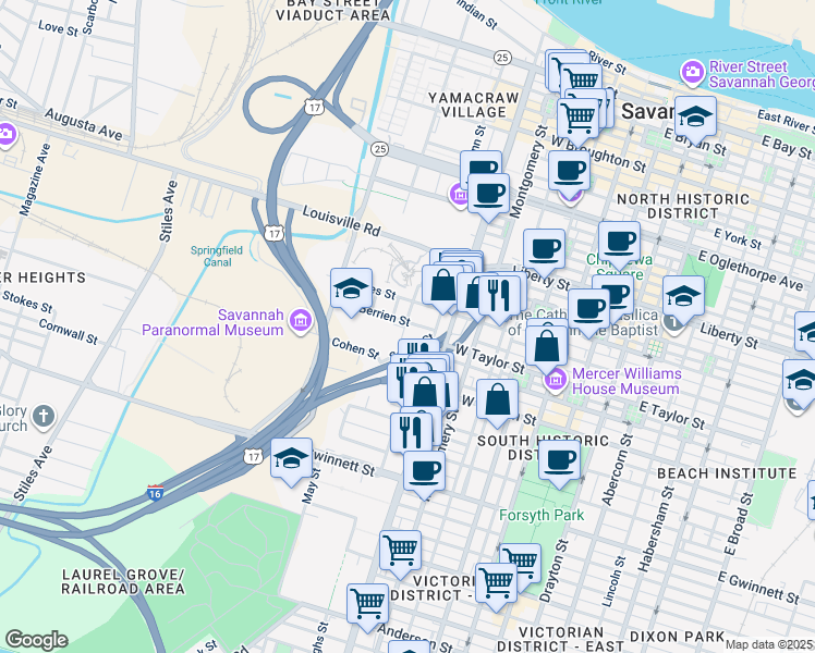 map of restaurants, bars, coffee shops, grocery stores, and more near 540 Selma Street in Savannah