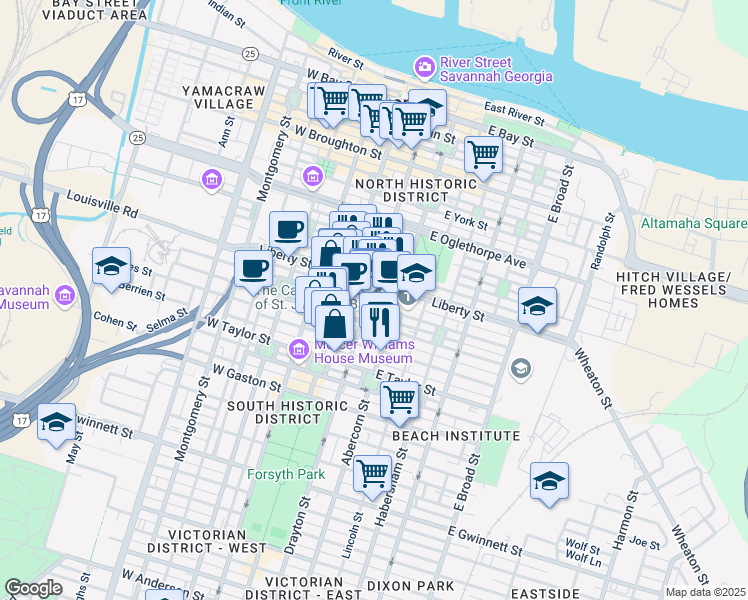 map of restaurants, bars, coffee shops, grocery stores, and more near 102 East Harris Street in Savannah