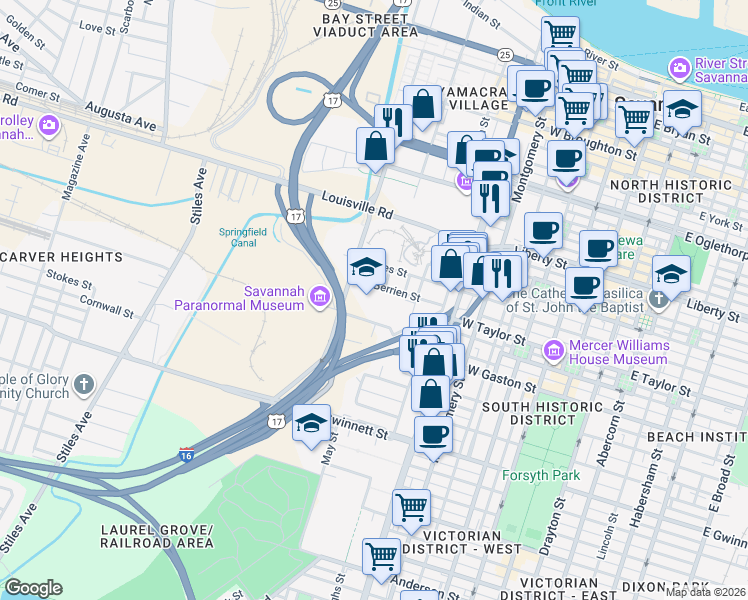 map of restaurants, bars, coffee shops, grocery stores, and more near 649 West Jones Street in Savannah
