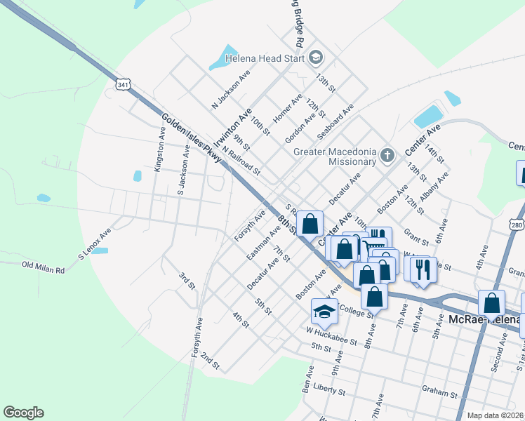 map of restaurants, bars, coffee shops, grocery stores, and more near in McRae-Helena