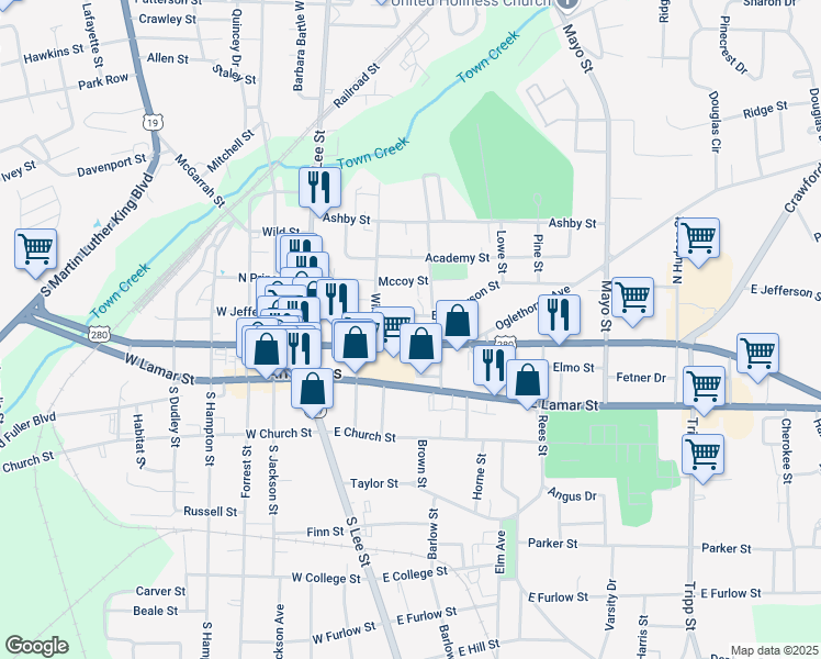 map of restaurants, bars, coffee shops, grocery stores, and more near 412 East Jefferson Street in Americus