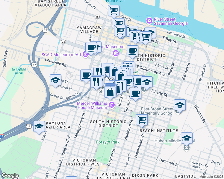 map of restaurants, bars, coffee shops, grocery stores, and more near 126 West Harris Street in Savannah