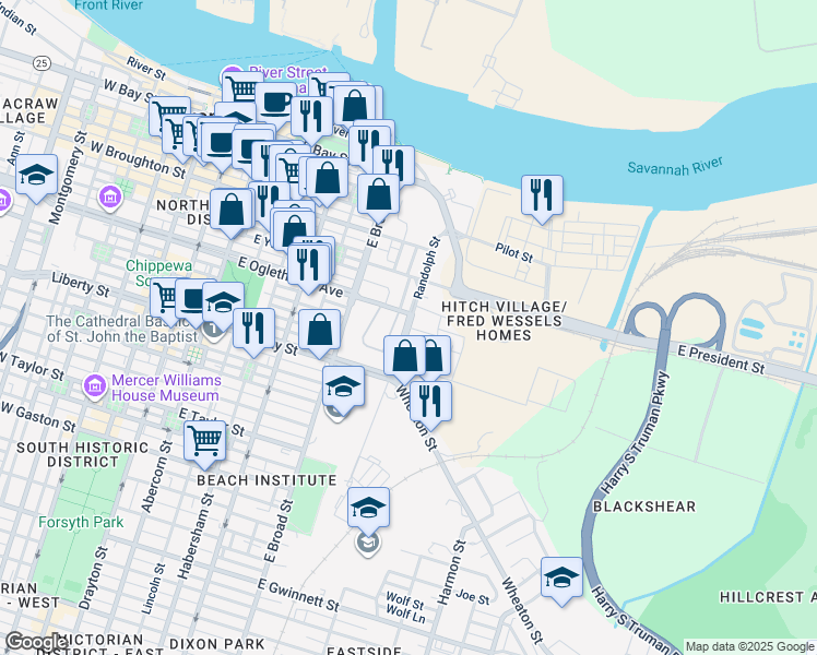map of restaurants, bars, coffee shops, grocery stores, and more near 230 Randolph Street in Savannah