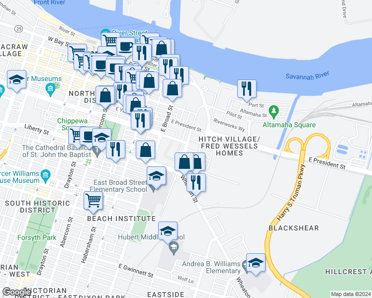 map of restaurants, bars, coffee shops, grocery stores, and more near 230 Randolph Street in Savannah