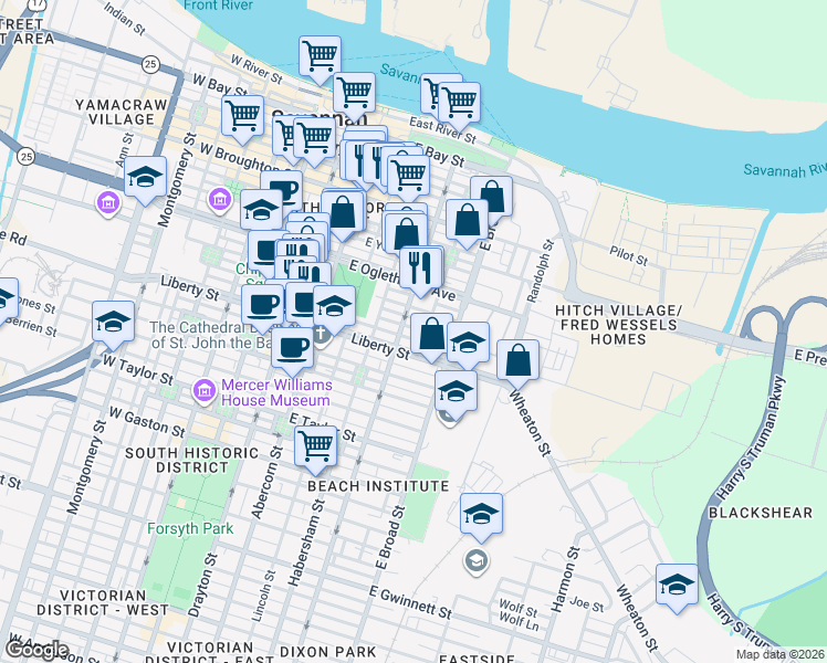 map of restaurants, bars, coffee shops, grocery stores, and more near 511 East Perry Street in Savannah
