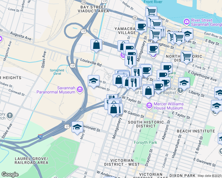 map of restaurants, bars, coffee shops, grocery stores, and more near 514 West Jones Street in Savannah