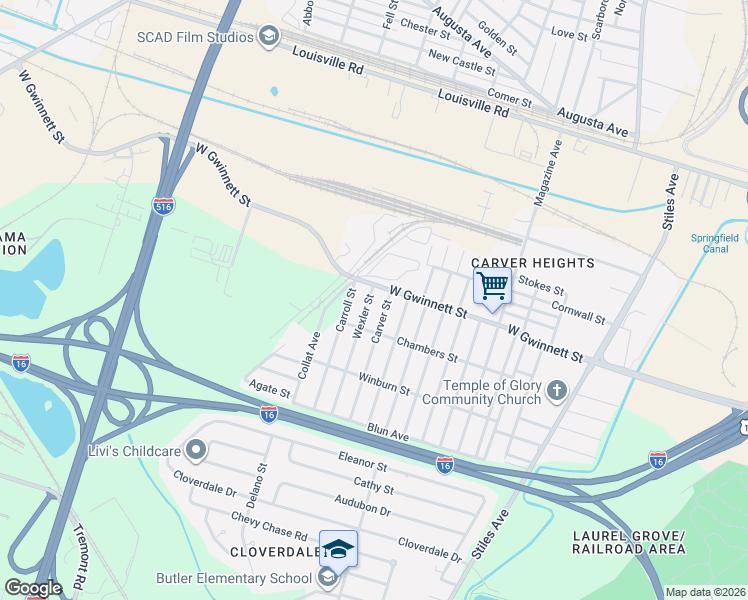 map of restaurants, bars, coffee shops, grocery stores, and more near 1818 West Gwinnett Street in Savannah