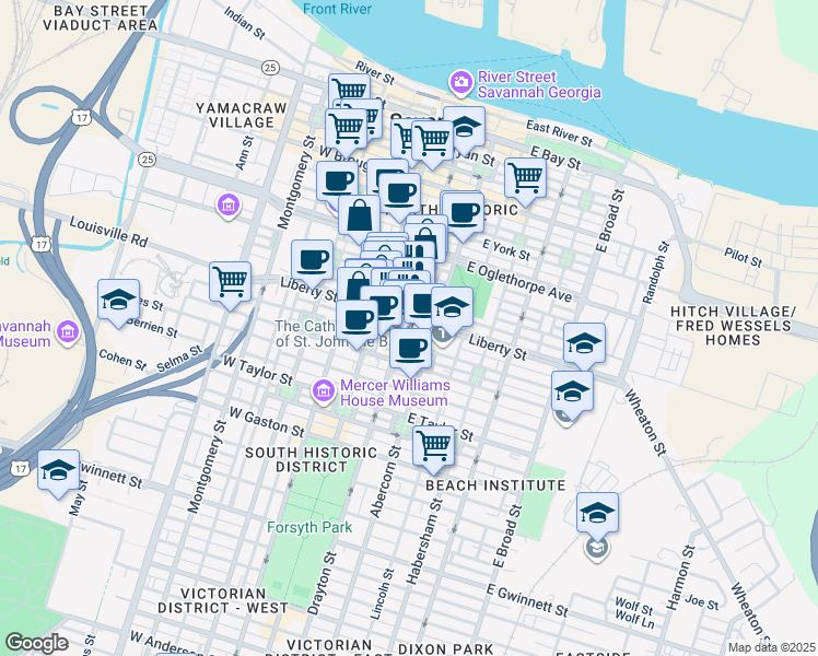 map of restaurants, bars, coffee shops, grocery stores, and more near 8 East Liberty in Savannah
