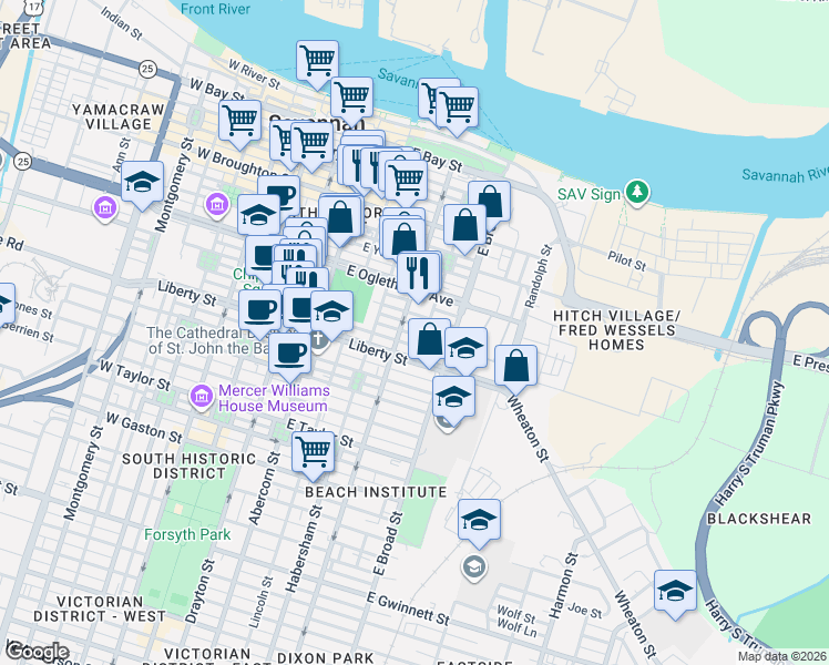 map of restaurants, bars, coffee shops, grocery stores, and more near 225 Houston Street in Savannah