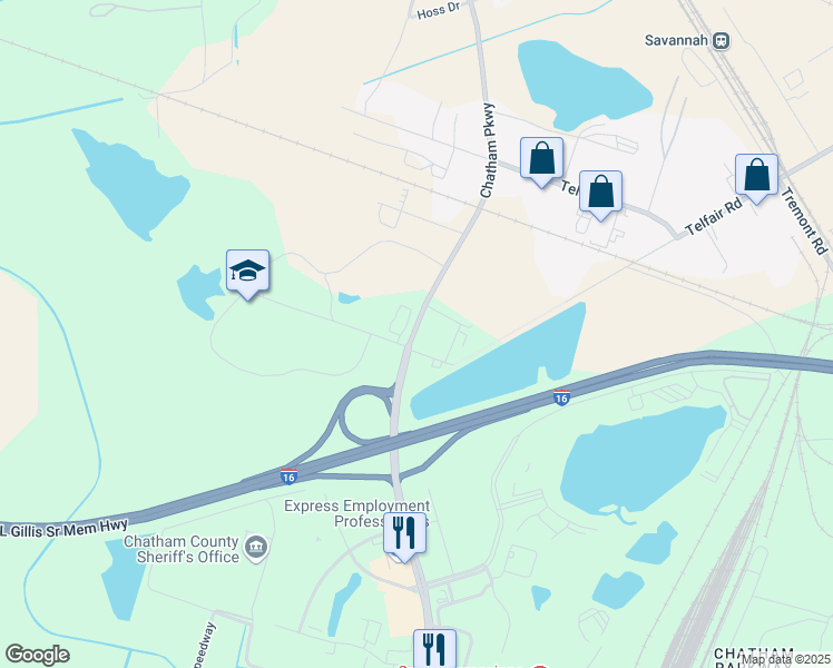 map of restaurants, bars, coffee shops, grocery stores, and more near 1694 Chatham Parkway in Savannah