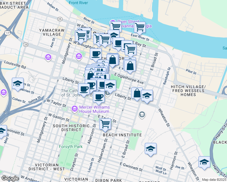 map of restaurants, bars, coffee shops, grocery stores, and more near 245 Lincoln Street in Savannah