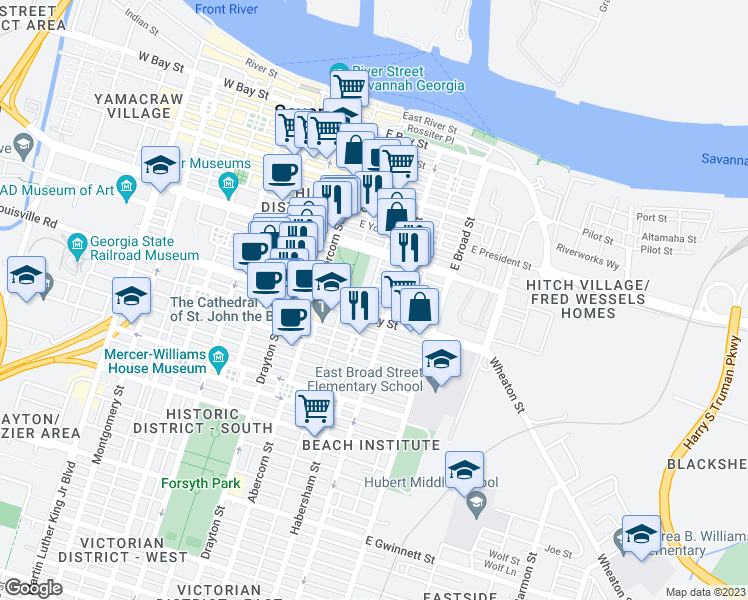 map of restaurants, bars, coffee shops, grocery stores, and more near 240 Habersham Street in Savannah