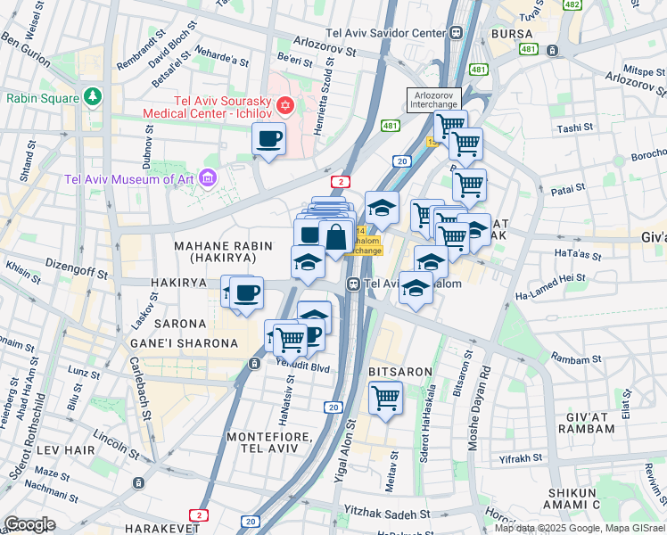 map of restaurants, bars, coffee shops, grocery stores, and more near Derech Menachem Begin in Tel Aviv-Yafo