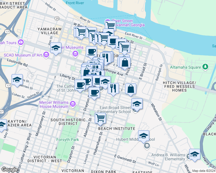 map of restaurants, bars, coffee shops, grocery stores, and more near 252 East Perry Lane in Savannah