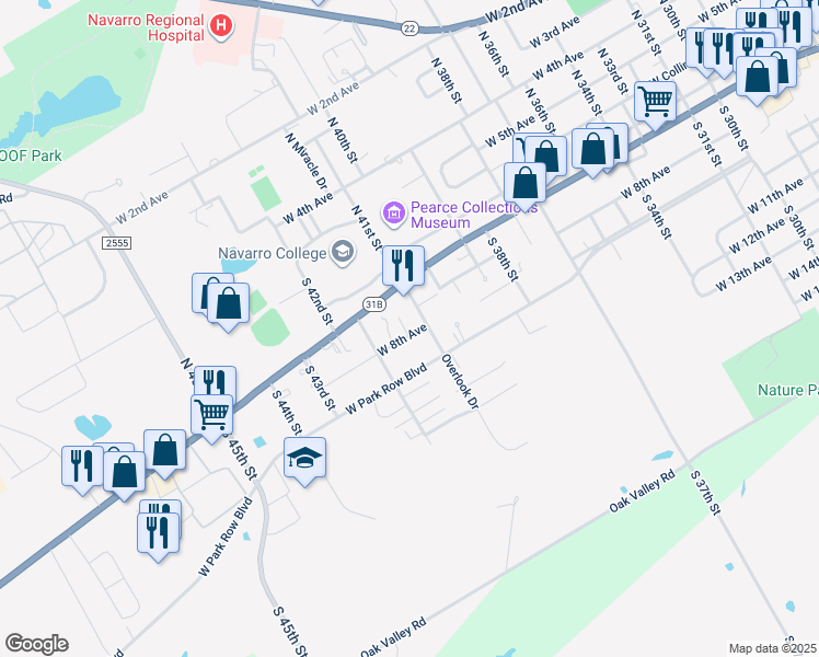 map of restaurants, bars, coffee shops, grocery stores, and more near 3224 West 8th Avenue in Corsicana