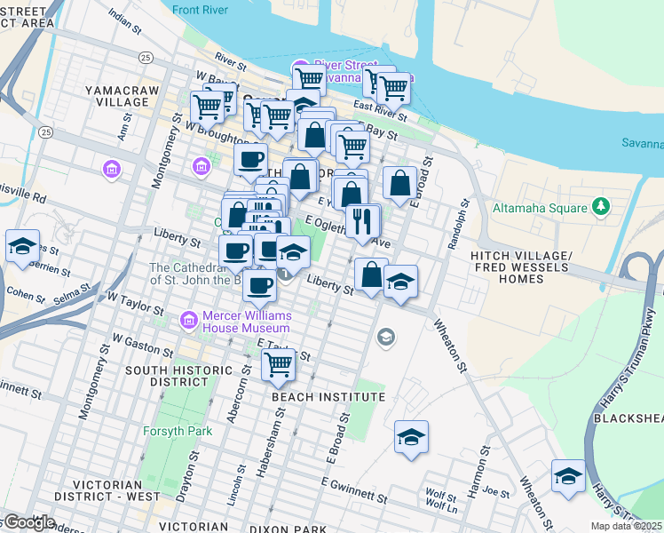 map of restaurants, bars, coffee shops, grocery stores, and more near 407 East McDonough Street in Savannah