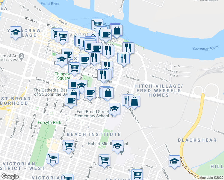 map of restaurants, bars, coffee shops, grocery stores, and more near 548 East McDonough Street in Savannah