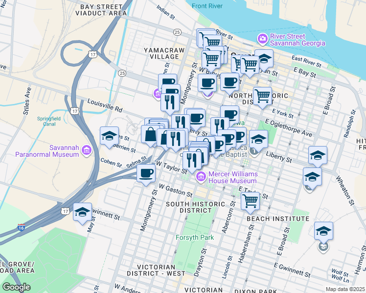map of restaurants, bars, coffee shops, grocery stores, and more near 335 Tattnall Street in Savannah