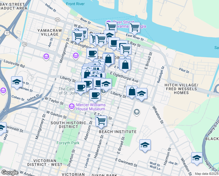 map of restaurants, bars, coffee shops, grocery stores, and more near 252 East Perry Lane in Savannah