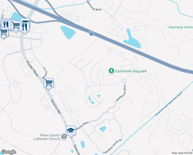 map of restaurants, bars, coffee shops, grocery stores, and more near 14 Olde Gate Court in Pooler