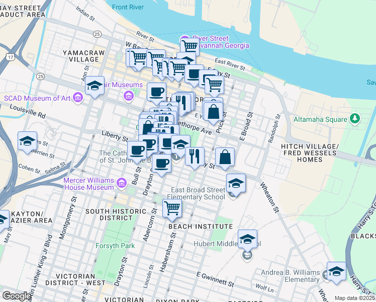 map of restaurants, bars, coffee shops, grocery stores, and more near 252 East Perry Lane in Savannah