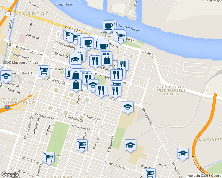 map of restaurants, bars, coffee shops, grocery stores, and more near 407 East McDonough Street in Savannah
