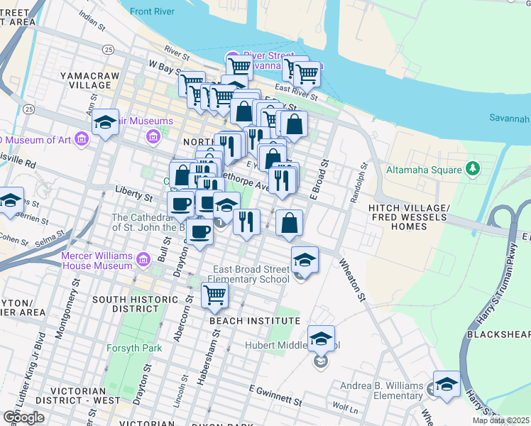 map of restaurants, bars, coffee shops, grocery stores, and more near 407 East McDonough Street in Savannah