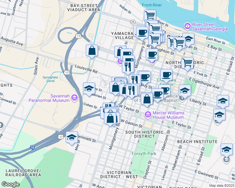 map of restaurants, bars, coffee shops, grocery stores, and more near 514 West Jones Street in Savannah