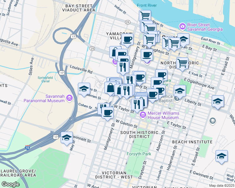 map of restaurants, bars, coffee shops, grocery stores, and more near in Savannah