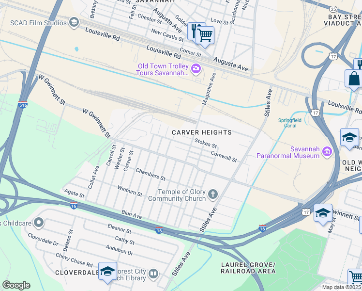 map of restaurants, bars, coffee shops, grocery stores, and more near 1111 Cornwall Street in Savannah