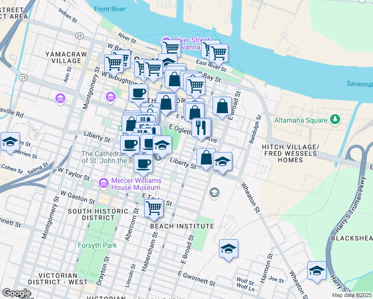 map of restaurants, bars, coffee shops, grocery stores, and more near 407 East McDonough Street in Savannah
