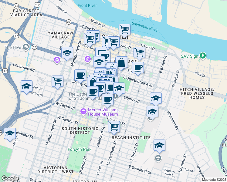 map of restaurants, bars, coffee shops, grocery stores, and more near 122 East Liberty in Savannah