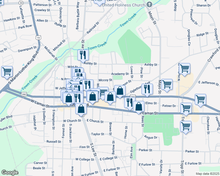 map of restaurants, bars, coffee shops, grocery stores, and more near 412 East Jefferson Street in Americus