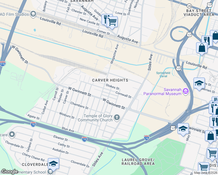 map of restaurants, bars, coffee shops, grocery stores, and more near 1027 Stokes Street in Savannah