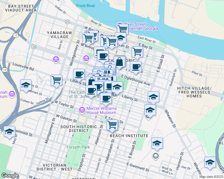 map of restaurants, bars, coffee shops, grocery stores, and more near 122 East Liberty in Savannah