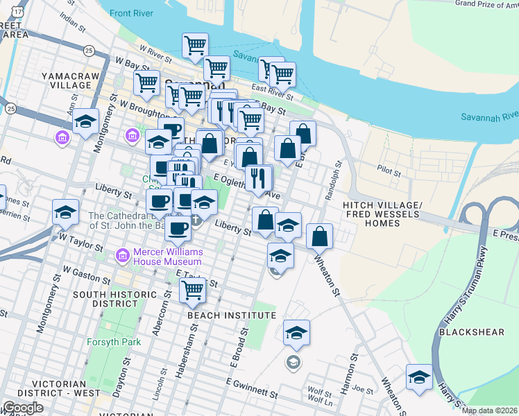 map of restaurants, bars, coffee shops, grocery stores, and more near 225 Houston Street in Savannah