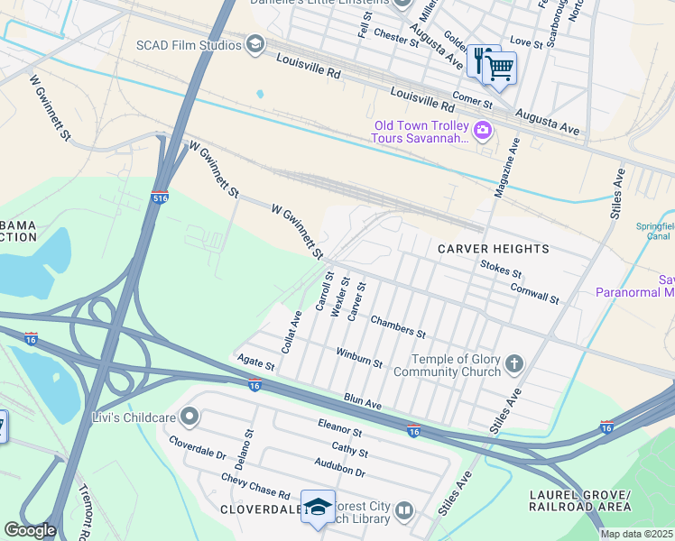 map of restaurants, bars, coffee shops, grocery stores, and more near 804 Carroll Street in Savannah