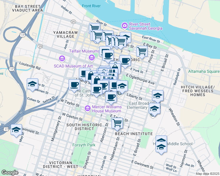 map of restaurants, bars, coffee shops, grocery stores, and more near E Liberty St & Drayton St in Savannah